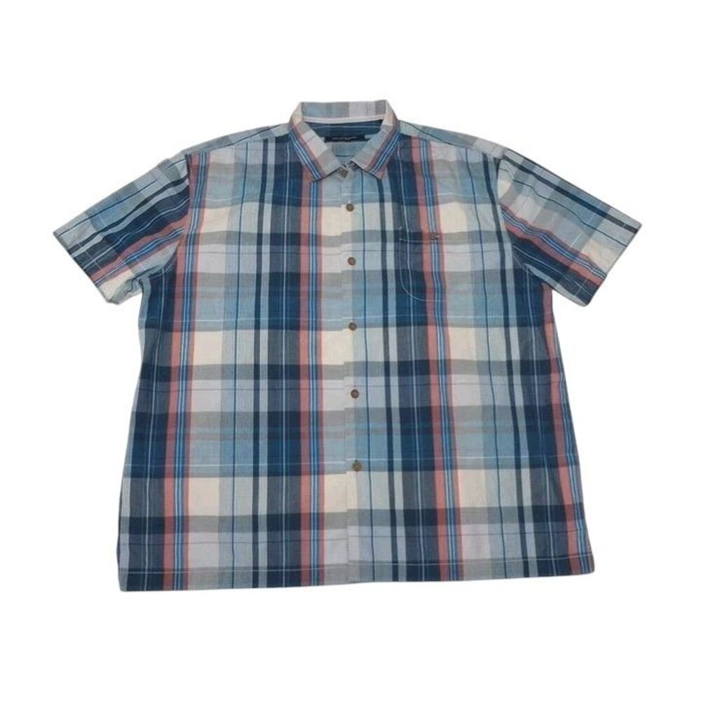 Tommy Bahama Men's 3XL Shirt Blue Plaid Silk‎ Polyester Short Sleeve